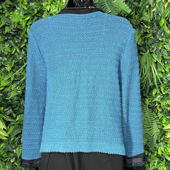 Y2K BANDOLINO Sweater Women Medium‎ Teal Blue Knit Cardigan Ribbon Lace 2076 - Picture 8 of 8